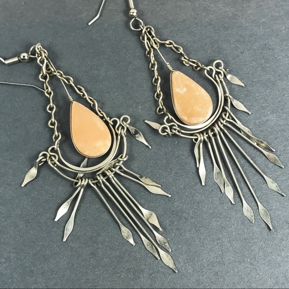 Vintage Jewelry - Vintage boho peach stone dangle earrings